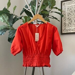 Sim & Sam | Vibrant Burnt Orange/Red V-Neck Smocked Waist Blouse